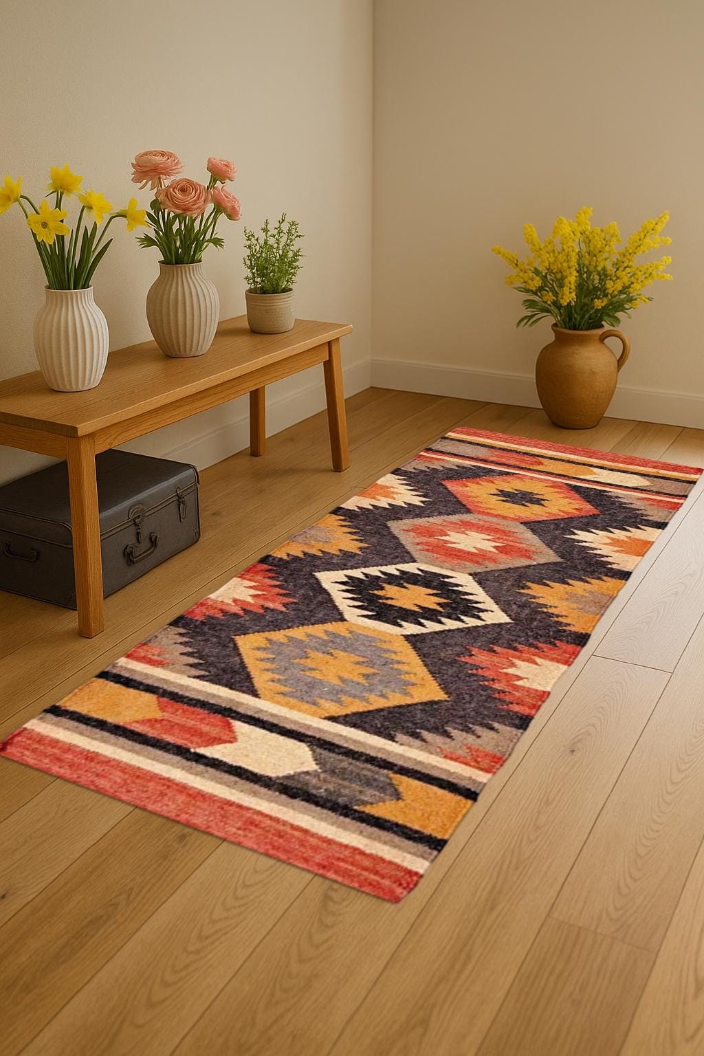 Tribal Wool Jute Runner Kilim Patterned Rug Long Corridor Decor Eco-Friendly Wool Jute Runner Scandinavian Flatweave Rug for Entryway