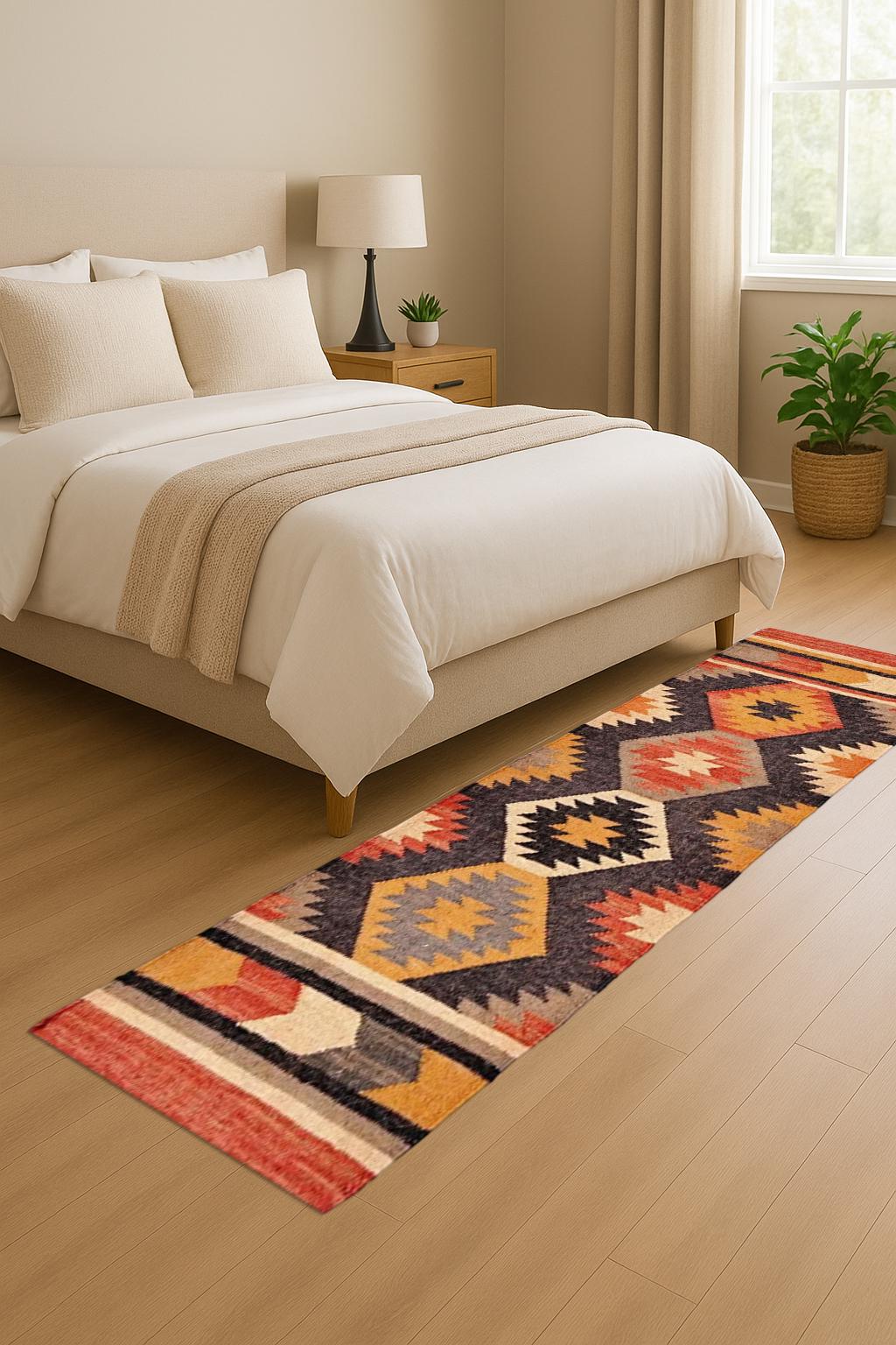 Tribal Wool Jute Runner Kilim Patterned Rug Long Corridor Decor Eco-Friendly Wool Jute Runner Scandinavian Flatweave Rug for Entryway