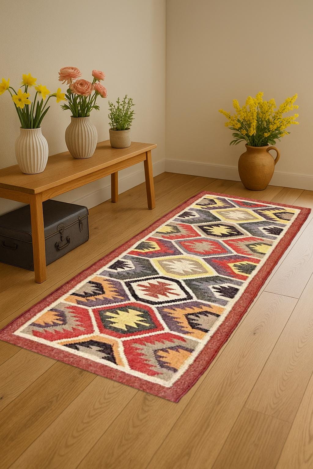Handmade Wool Jute Rug Runner | Eco Friendly Natural Fiber Rug | Narrow Hallway or Entryway Bohemian Wool Jute Rug Runner