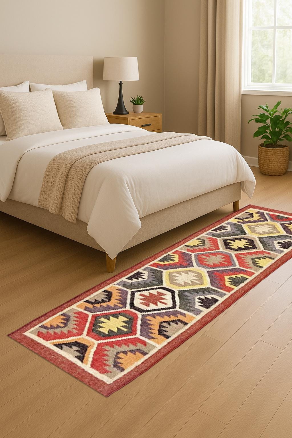 Handmade Wool Jute Rug Runner | Eco Friendly Natural Fiber Rug | Narrow Hallway or Entryway Bohemian Wool Jute Rug Runner