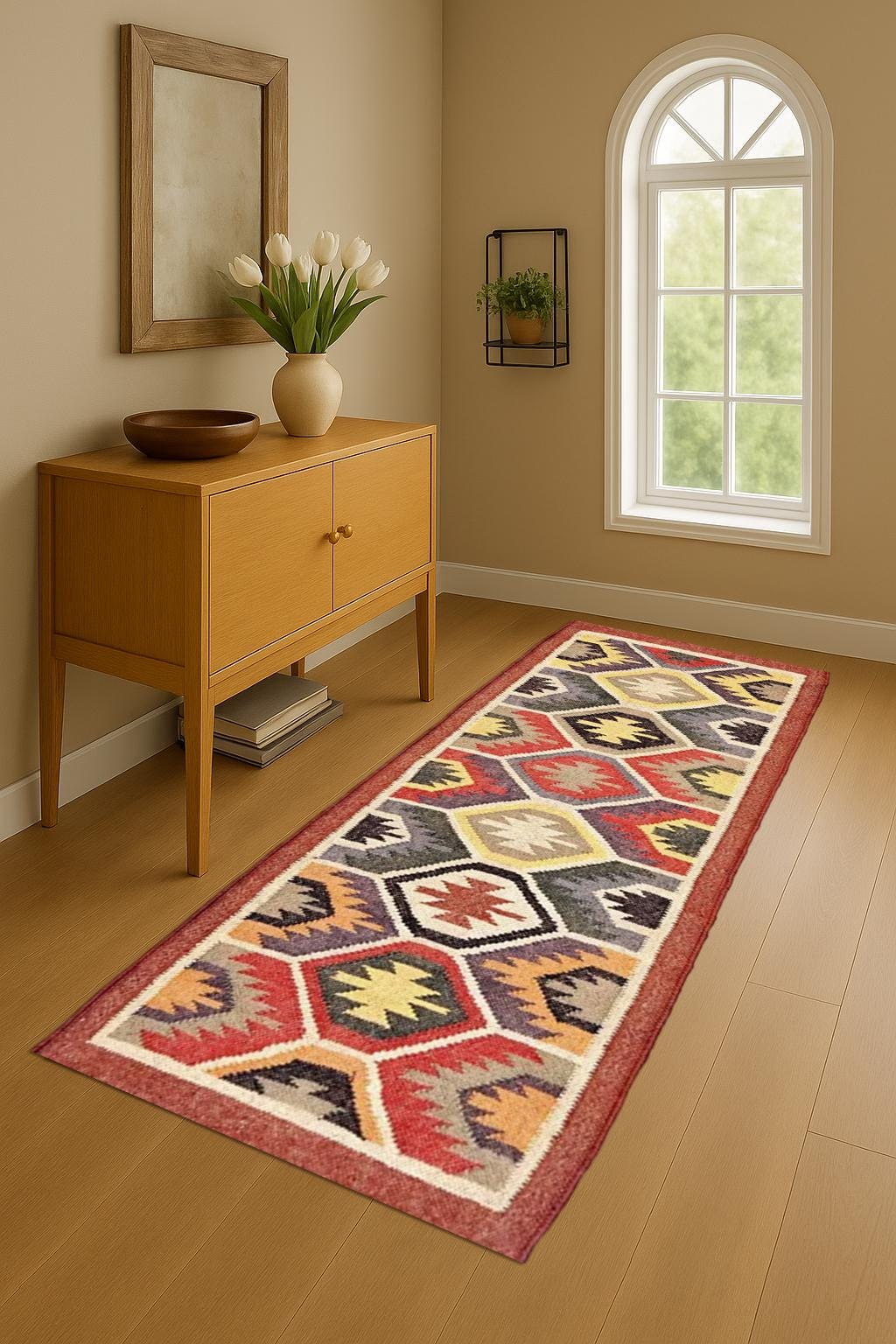 Handmade Wool Jute Rug Runner | Eco Friendly Natural Fiber Rug | Narrow Hallway or Entryway Bohemian Wool Jute Rug Runner