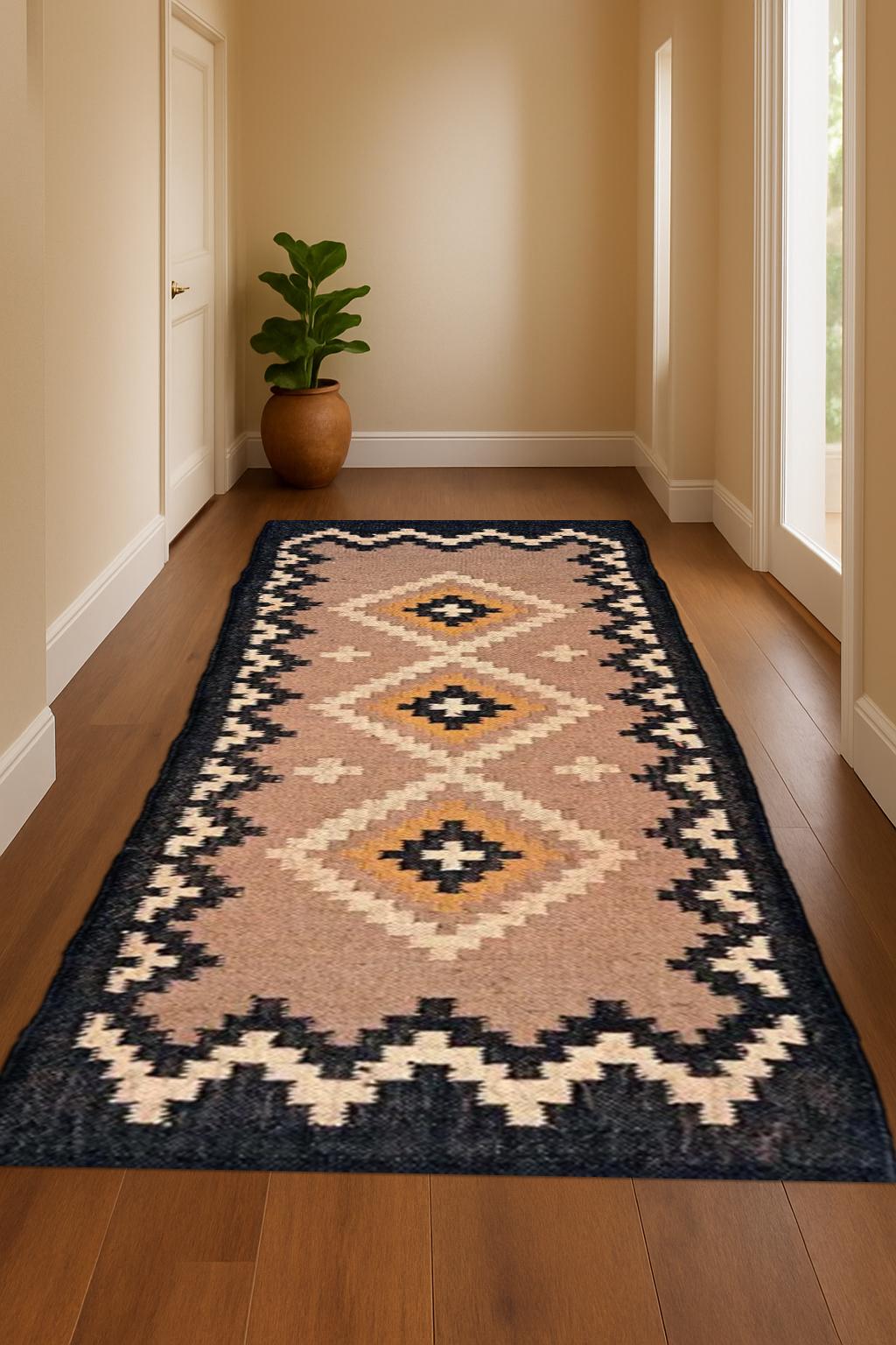 Artisan Wool Jute Runner Rug Eco-Friendly Flatweave Hallway Runner Indian Handwoven Wool Jute Runner Geometric Pattern Runner Rug