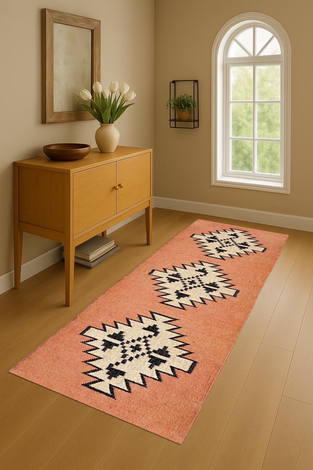 Rustic Handmade Wool Jute Runner – Neutral Farmhouse Carpet Rug, Eco-Friendly Boho Hallway Runner, Long Narrow Rug