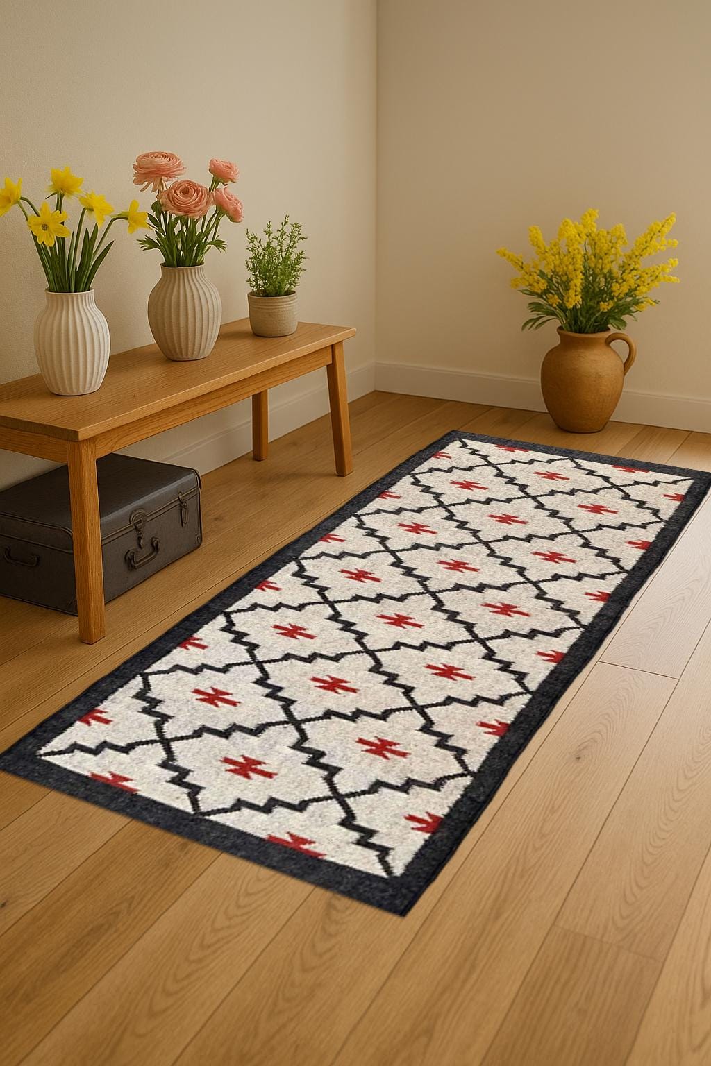 Bohemian Wool Jute Runner Rug – Handmade Farmhouse Hallway Carpet, Rustic Neutral Entryway Rug, Long Narrow Floor Runner
