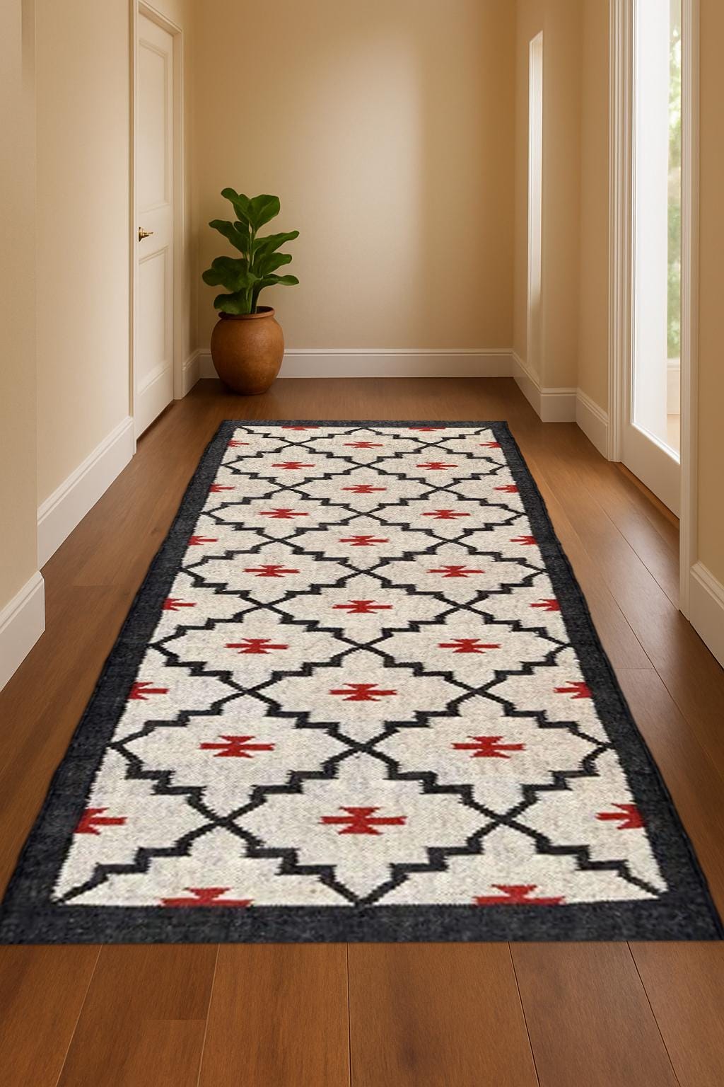 Bohemian Wool Jute Runner Rug – Handmade Farmhouse Hallway Carpet, Rustic Neutral Entryway Rug, Long Narrow Floor Runner