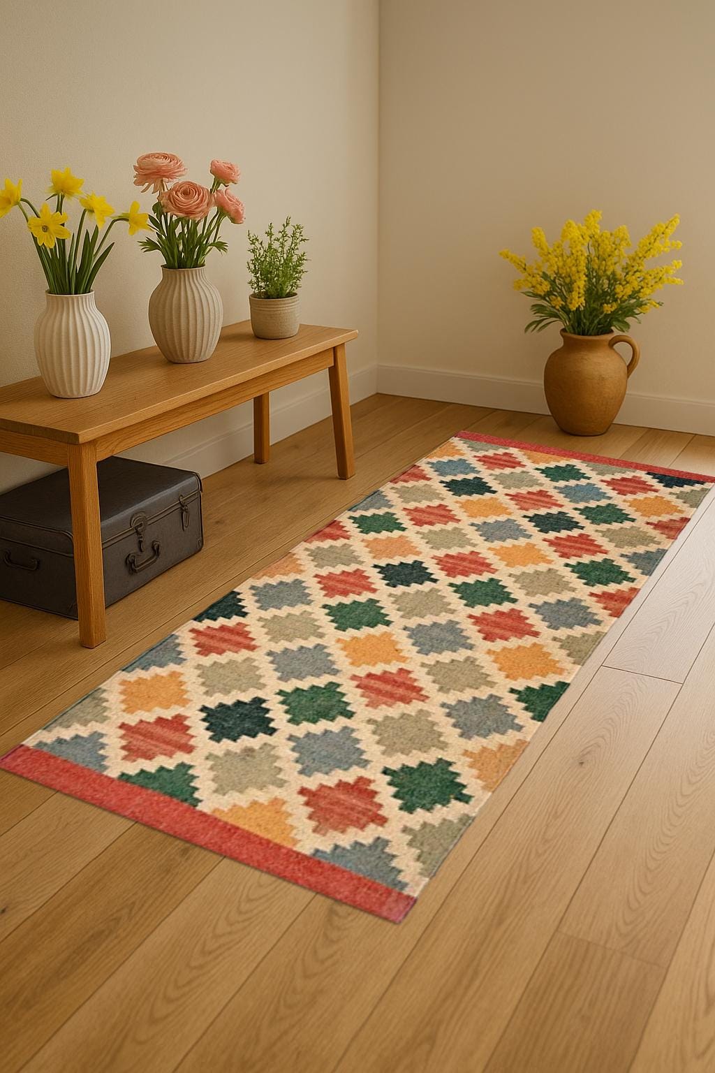 Handmade Wool Jute Long Runner, Soft Eco-Friendly Hallway Rug, Rustic Farmhouse Carpet for Entryway, Kitchen, Bedroom