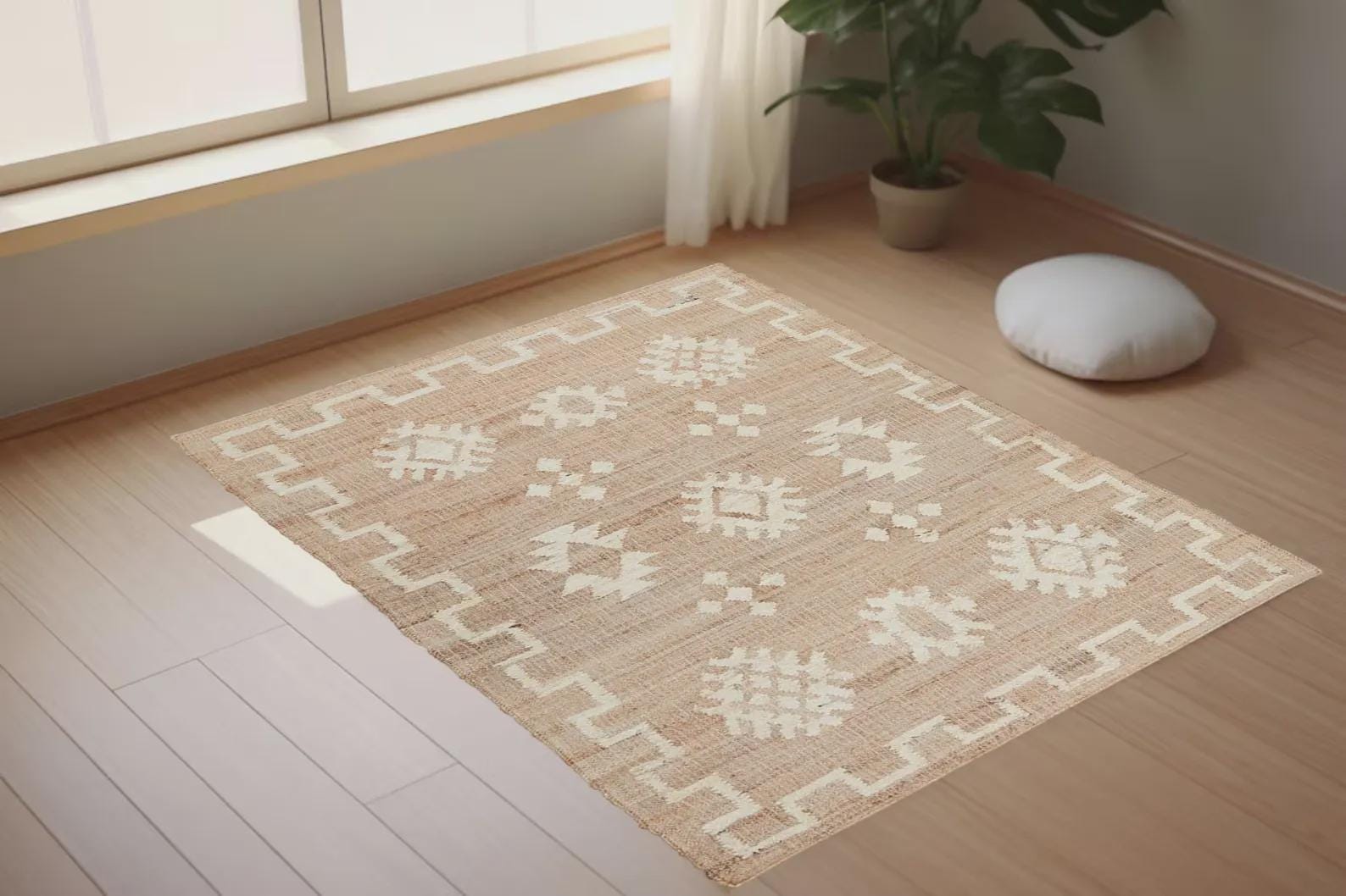 Handwoven Cotton Jute Rug | Natural Boho Area Rug | Eco-Friendly Woven Floor Mat | Farmhouse & Coastal Home Decor | Lightweight Durable Rug