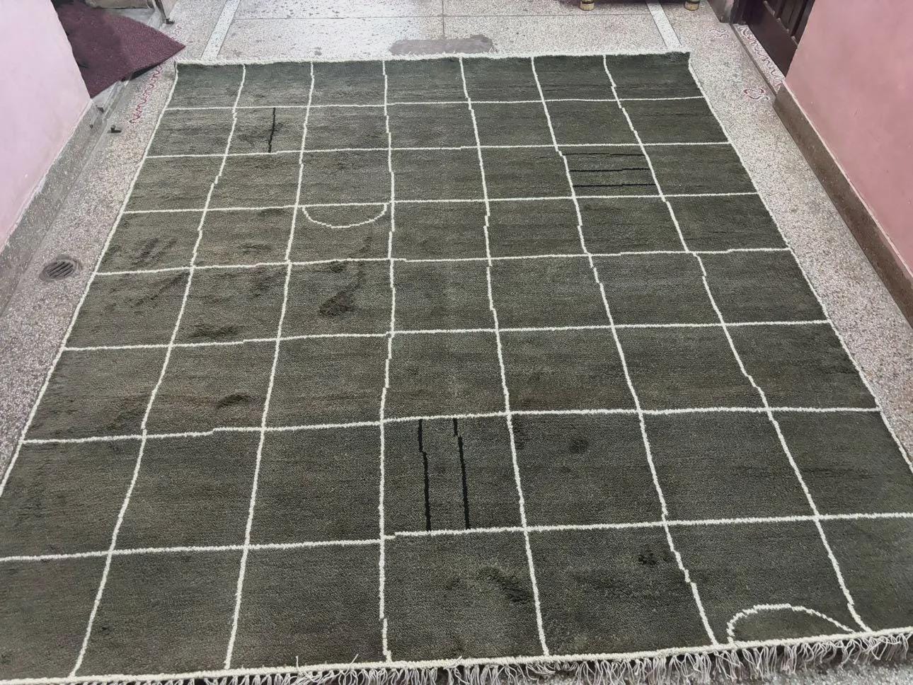 Checkered Rug, Checkerboard Carpet, Green Grid Design Carpet, Home Decor Grid Checkerboard Rug, Moroccan Area Carpet For Christmas