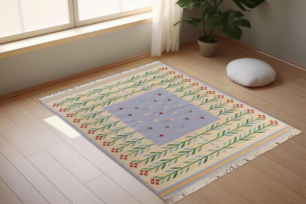 Handwoven Wool Flat Weave Rug | Pastel Botanical Area Rug | Boho Farmhouse Wool Carpet | Soft Woven Floor Mat With Fringe