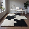 Hand Tufted Modern Abstract Rug Black, Cream & Gold Geometric Area Rug – Contemporary Minimalist Carpet