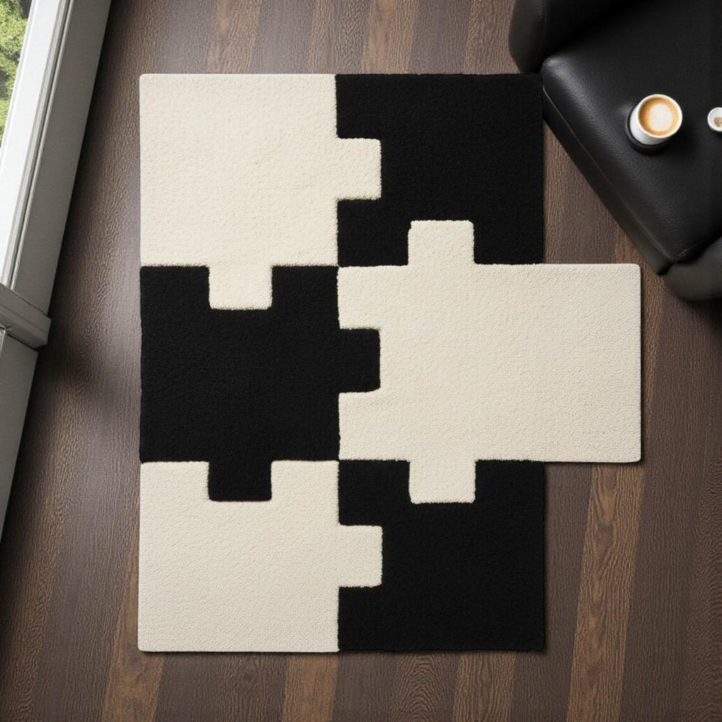 Hand Tufted Modern Abstract Rug Black, Cream & Gold Geometric Area Rug – Contemporary Minimalist Carpet