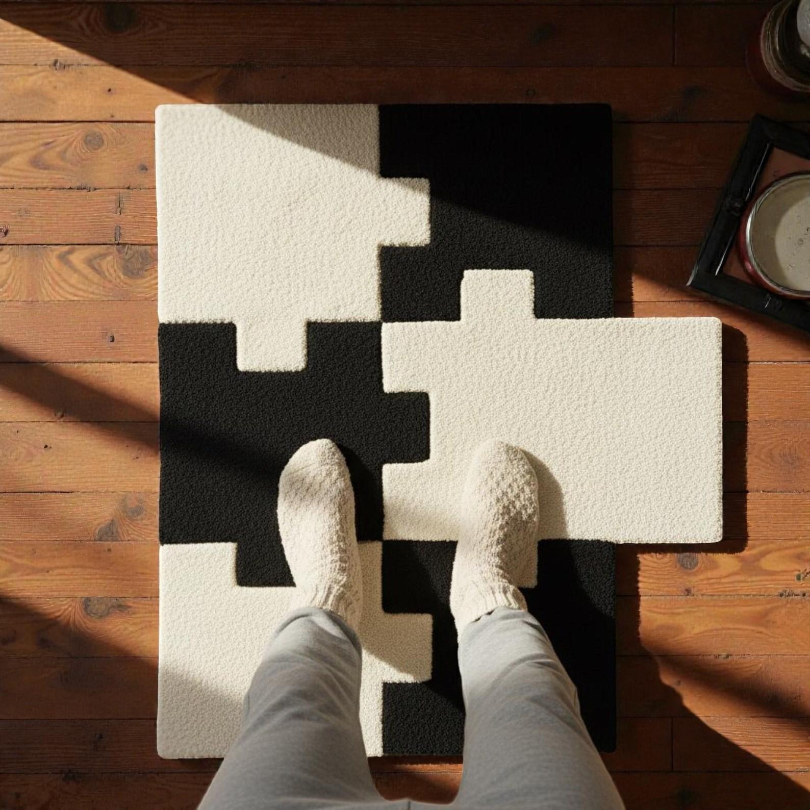 Hand Tufted Modern Abstract Rug Black, Cream & Gold Geometric Area Rug – Contemporary Minimalist Carpet