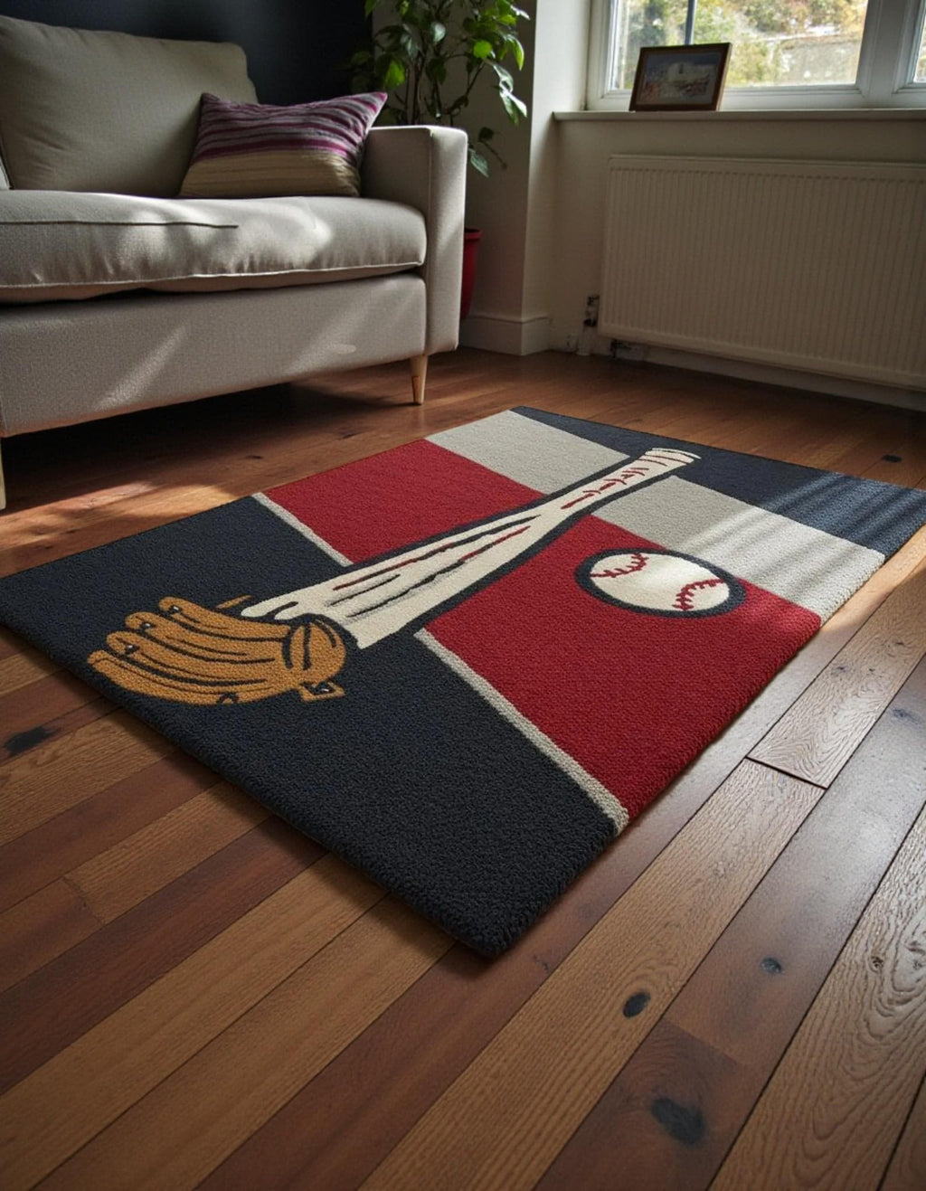 Hand Tufted Baseball Rug  Sports Themed Area Rug for Kids Room, Playroom & Game Room – Baseball Bat, Glove Ball Design Rug