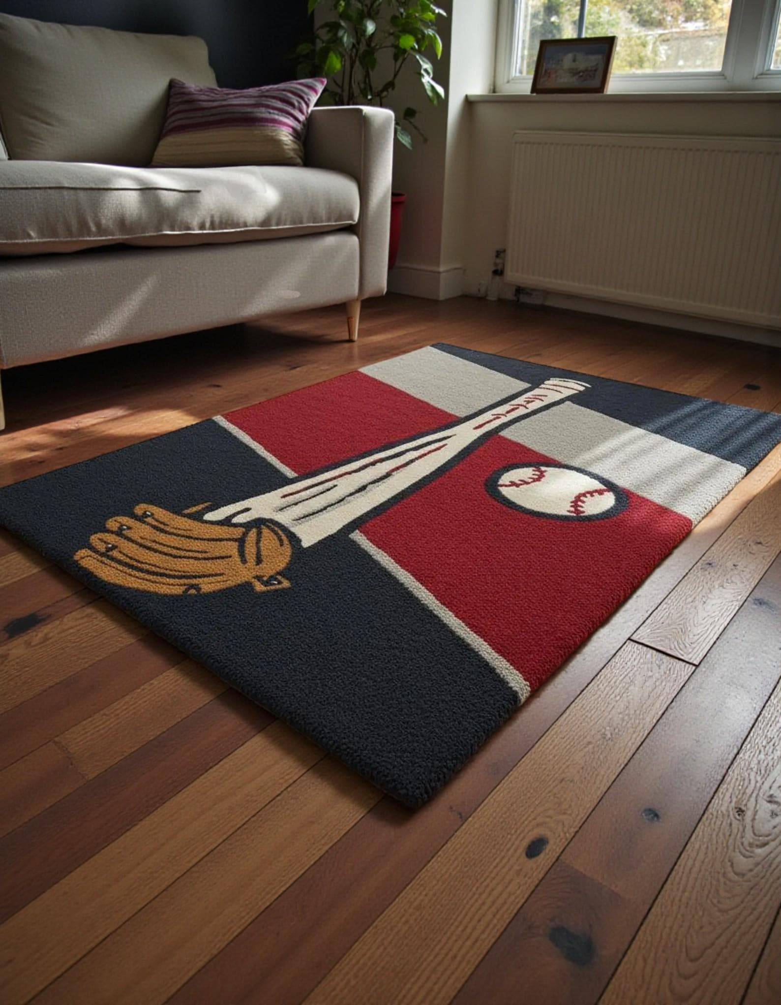 Hand Tufted Baseball Rug  Sports Themed Area Rug for Kids Room, Playroom & Game Room – Baseball Bat, Glove Ball Design Rug