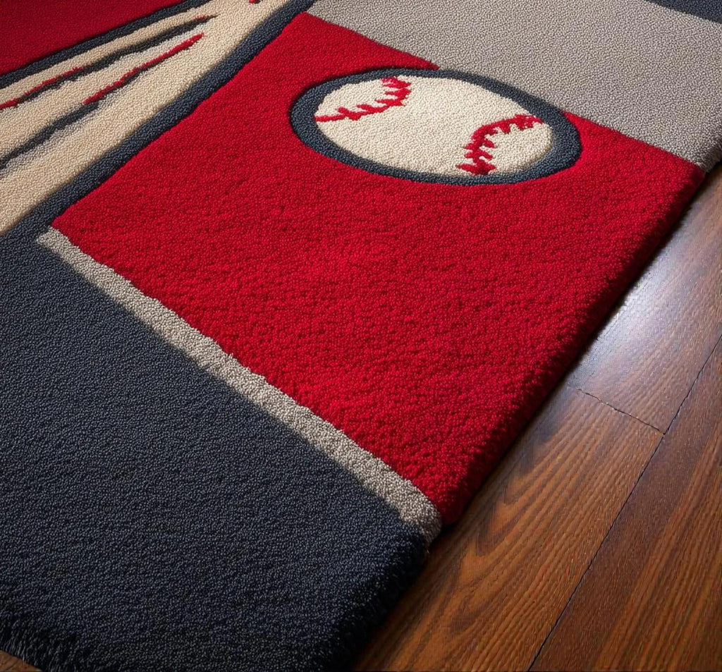Hand Tufted Baseball Rug  Sports Themed Area Rug for Kids Room, Playroom & Game Room – Baseball Bat, Glove Ball Design Rug