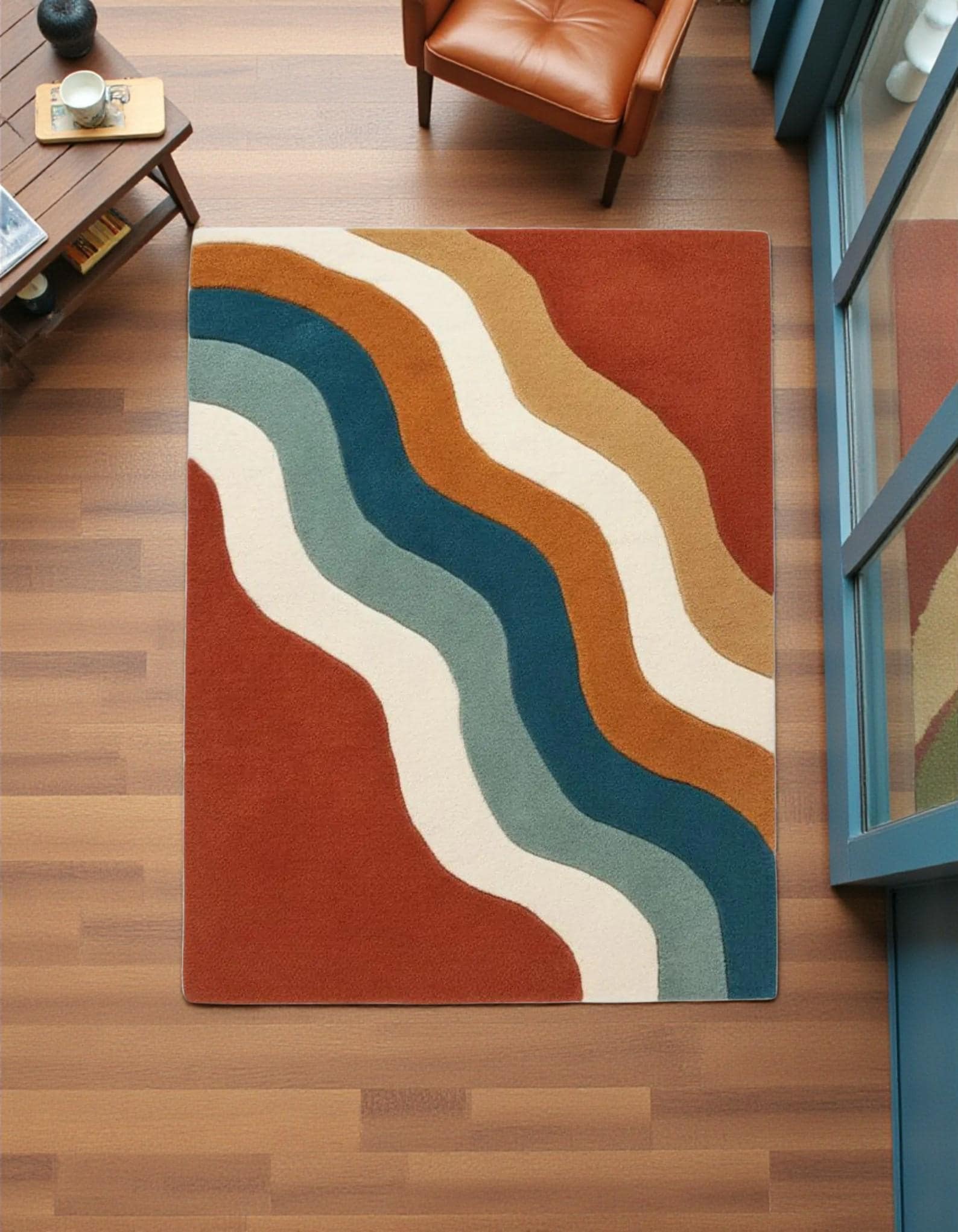Retro Wavy Tufted Rug – Mid-Century Modern Area Rug, Colorful Abstract Carpet, Groovy Vintage Style Home Decor