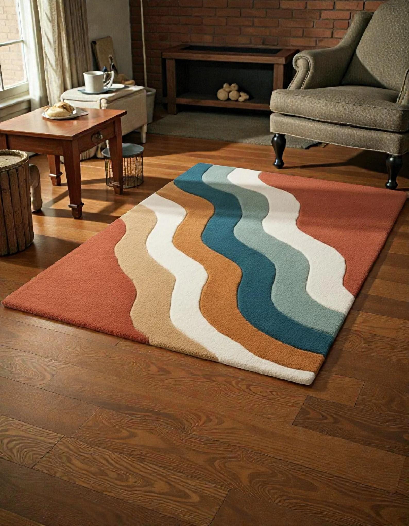 Retro Wavy Tufted Rug – Mid-Century Modern Area Rug, Colorful Abstract Carpet, Groovy Vintage Style Home Decor
