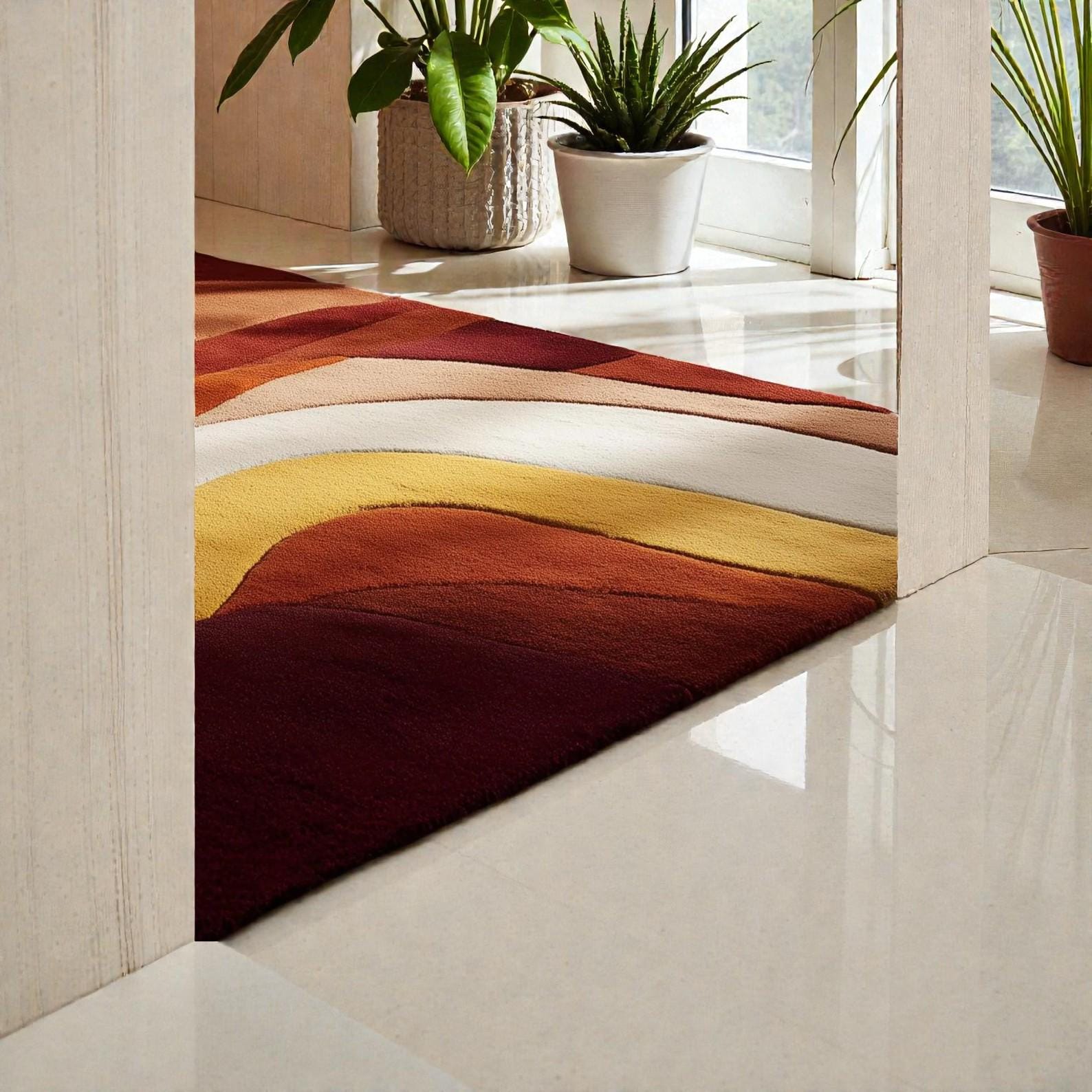 Modern Abstract Wave Area Rug – Retro Sunset Color Palette | Tufted Soft Carpet for Living Room & Bedroom | Mid-Century Modern Home Decor