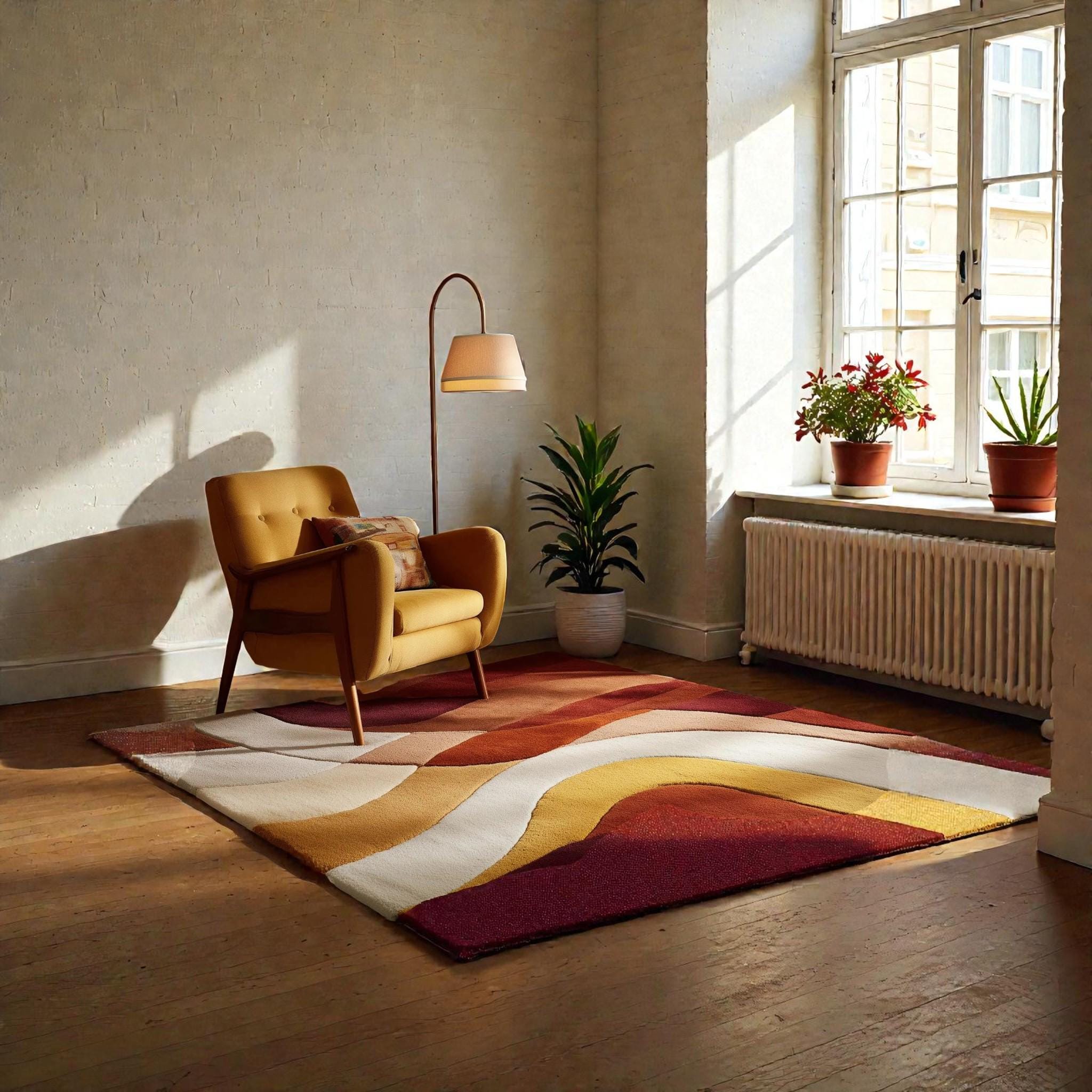 Modern Abstract Wave Area Rug – Retro Sunset Color Palette | Tufted Soft Carpet for Living Room & Bedroom | Mid-Century Modern Home Decor