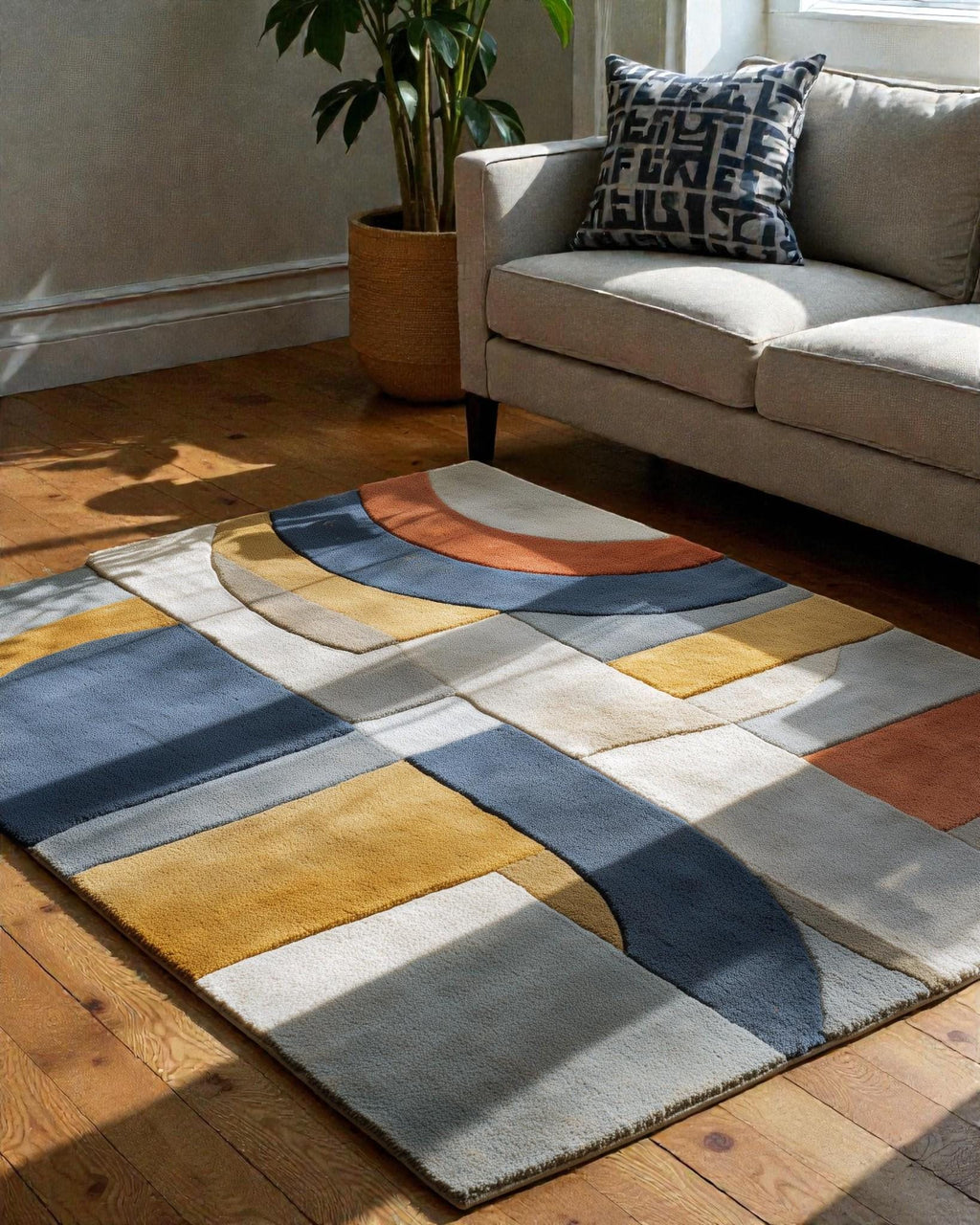Modern Geometric Abstract Area Rug – Blue, Mustard & Rust Patchwork Tufted Carpet | Mid-Century Modern Living Room Bedroom Decor
