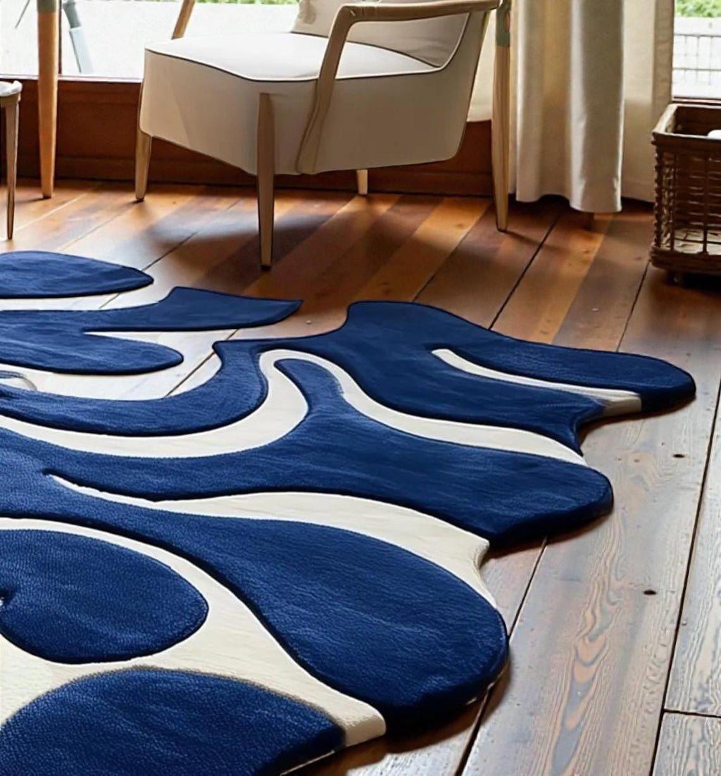 Hand-Tufted Abstract Wavy Rug – Blue & Cream Modern Art Carpet | Custom Wavy Rug – Handmade Blue Abstract Area Rug