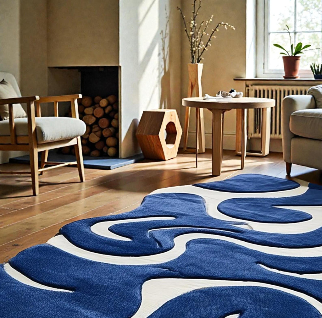 Hand-Tufted Abstract Wavy Rug – Blue & Cream Modern Art Carpet | Custom Wavy Rug – Handmade Blue Abstract Area Rug