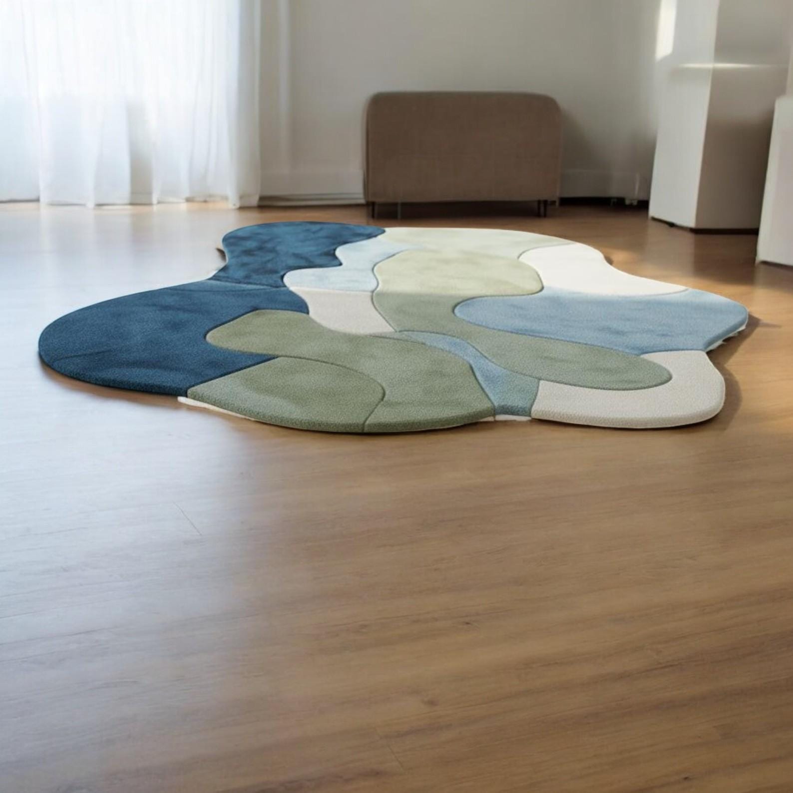 Hand Tufted Abstract Shape Rug | Organic Modern Area Rug | Blue Green Neutral Rug | Contemporary Handmade Home Decor