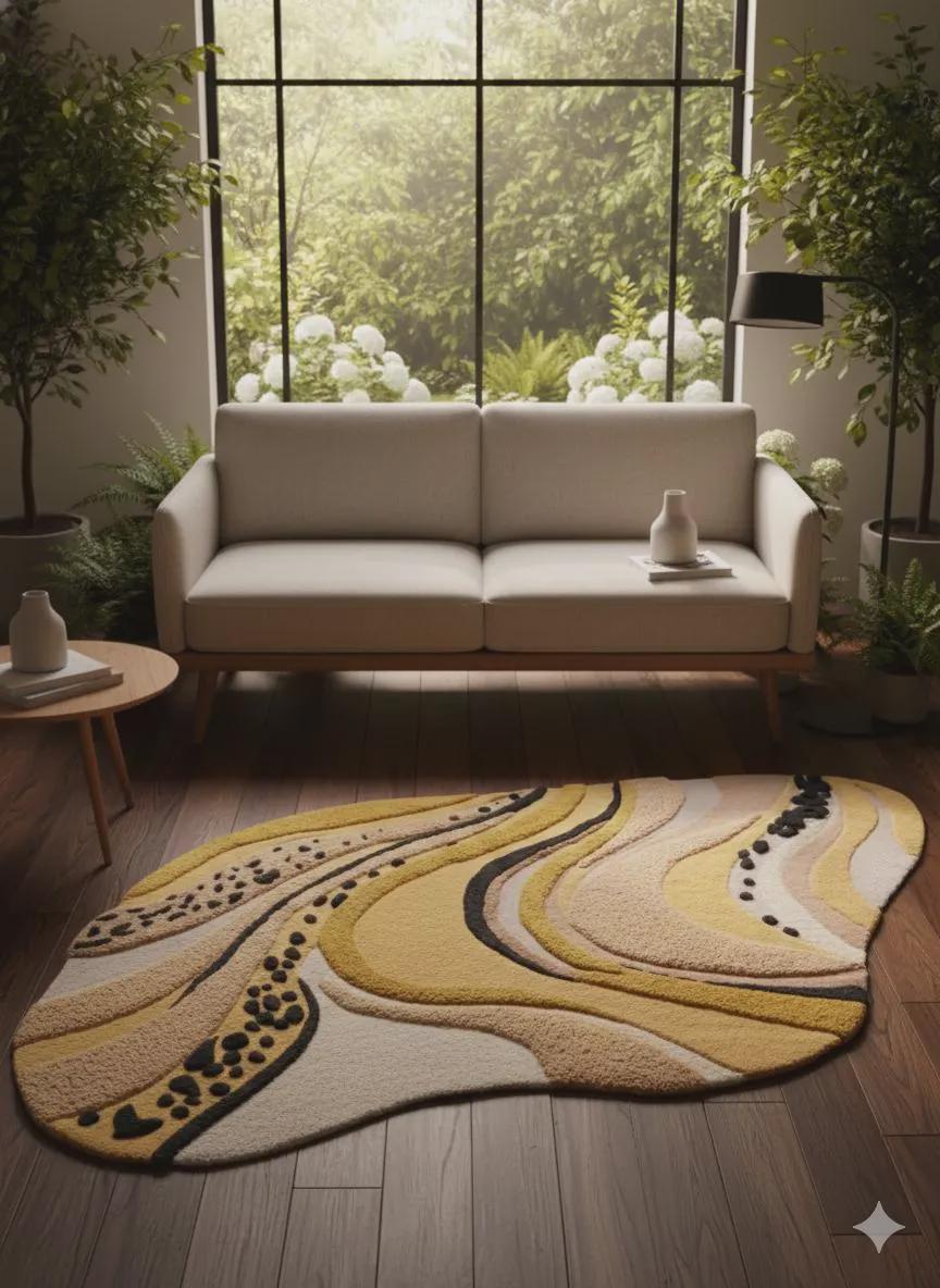 Hand Tufted Wool Rug | Organic Wave Abstract Rug | Neutral Yellow Beige Area Rug | Modern Art Carpet for Living Room