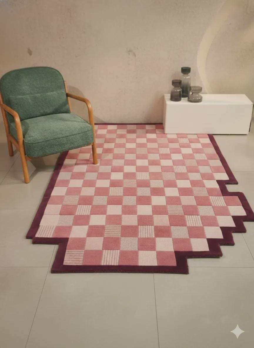Hand Tufted Wool Rug | Pink Checkerboard Area Rug | Modern Geometric Rug with Stepped Border | Contemporary Home Decor