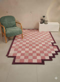 Hand Tufted Wool Rug | Pink Checkerboard Area Rug | Modern Geometric Rug with Stepped Border | Contemporary Home Decor