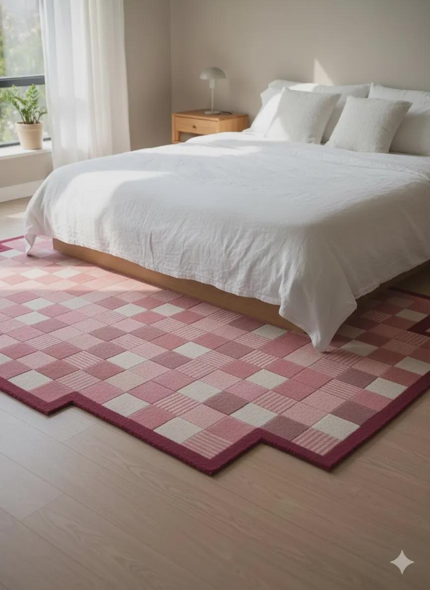 Hand Tufted Wool Rug | Pink Checkerboard Area Rug | Modern Geometric Rug with Stepped Border | Contemporary Home Decor