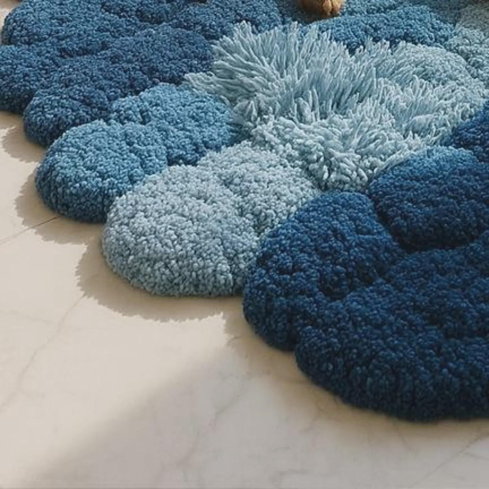 Blue Cloud Moss Rug, Fluffy Handmade Wool Felt Carpet, 3D Bubble Floor Mat, Cozy Bedroom Rug, Soft Home Decor