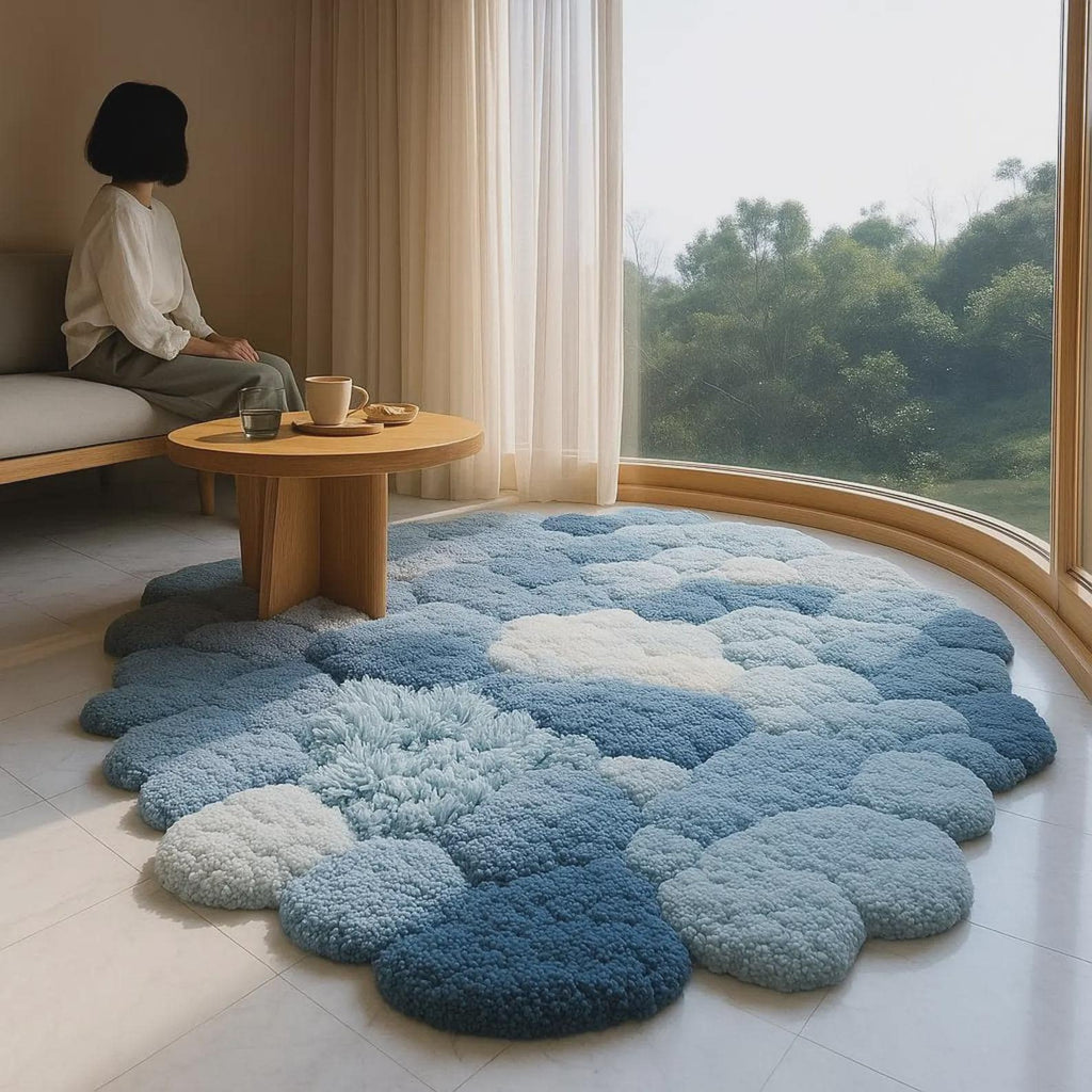 Blue Cloud Moss Rug, Fluffy Handmade Wool Felt Carpet, 3D Bubble Floor Mat, Cozy Bedroom Rug, Soft Home Decor