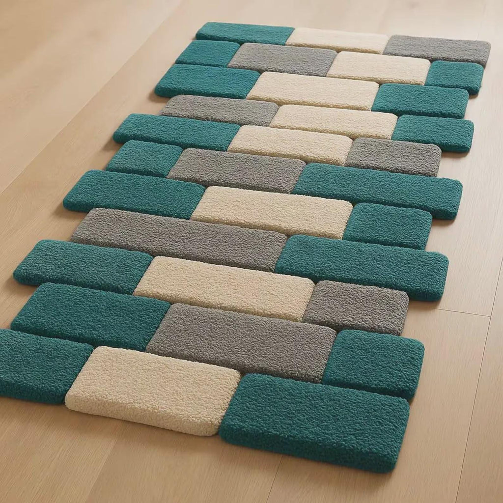 Hand Tufted Geometric Rug | Modern Block Pattern Runner | Teal Gray & Cream Wool Rug | Contemporary Hallway Carpet | Minimal Home Decor