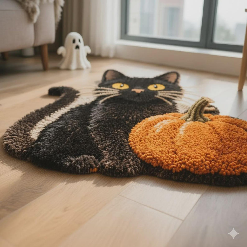 Hand Tufted Black Cat Pumpkin Rug, Halloween Cat Area Rug, Fall Decor Rug, Cute Spooky Home Decor