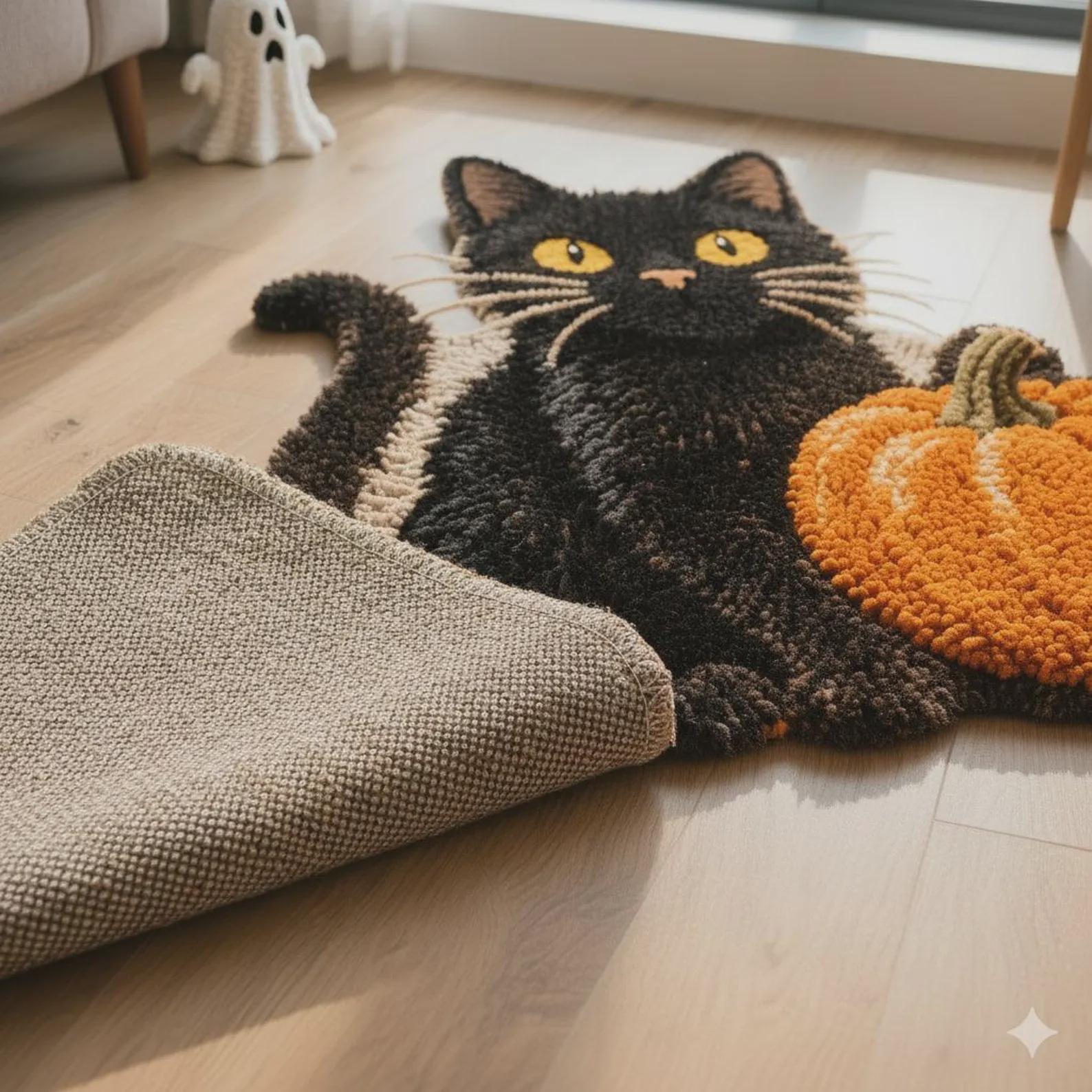 Hand Tufted Black Cat Pumpkin Rug, Halloween Cat Area Rug, Fall Decor Rug, Cute Spooky Home Decor