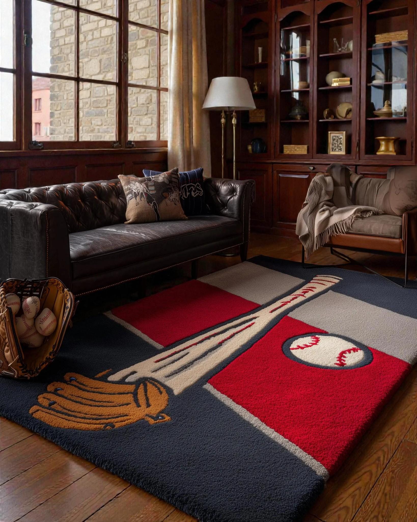 Hand Tufted Baseball Rug  Sports Themed Area Rug for Kids Room, Playroom & Game Room – Baseball Bat, Glove Ball Design Rug