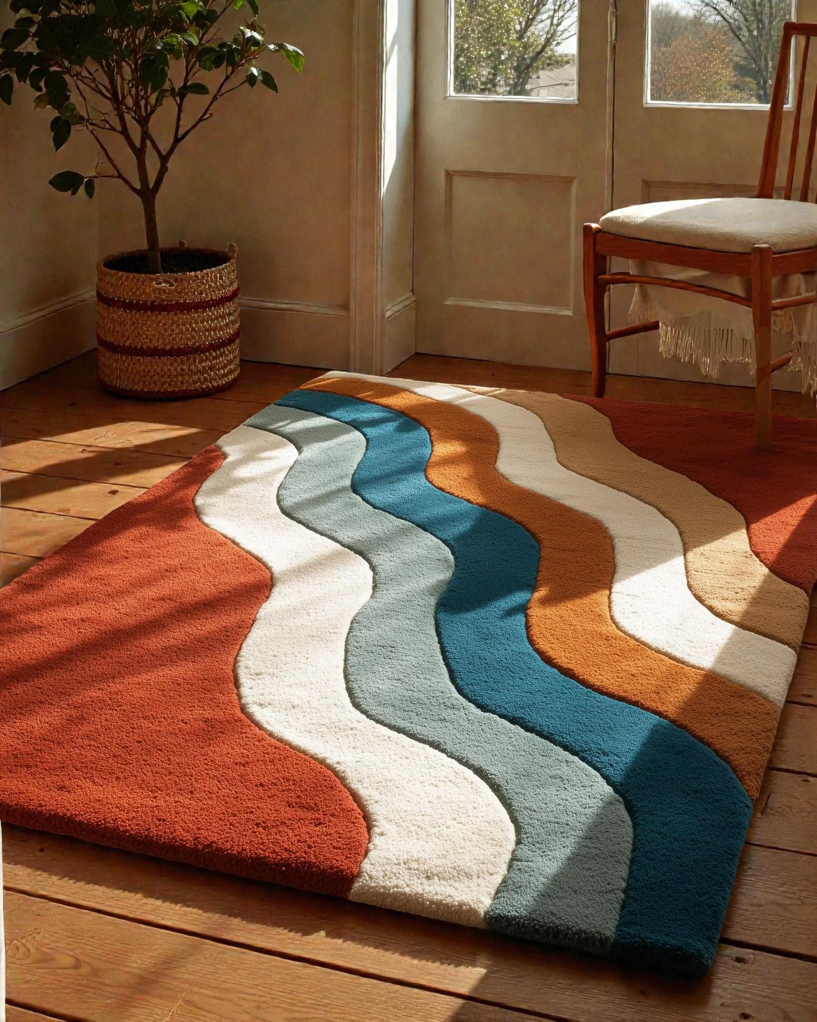 Retro Wavy Tufted Rug – Mid-Century Modern Area Rug, Colorful Abstract Carpet, Groovy Vintage Style Home Decor