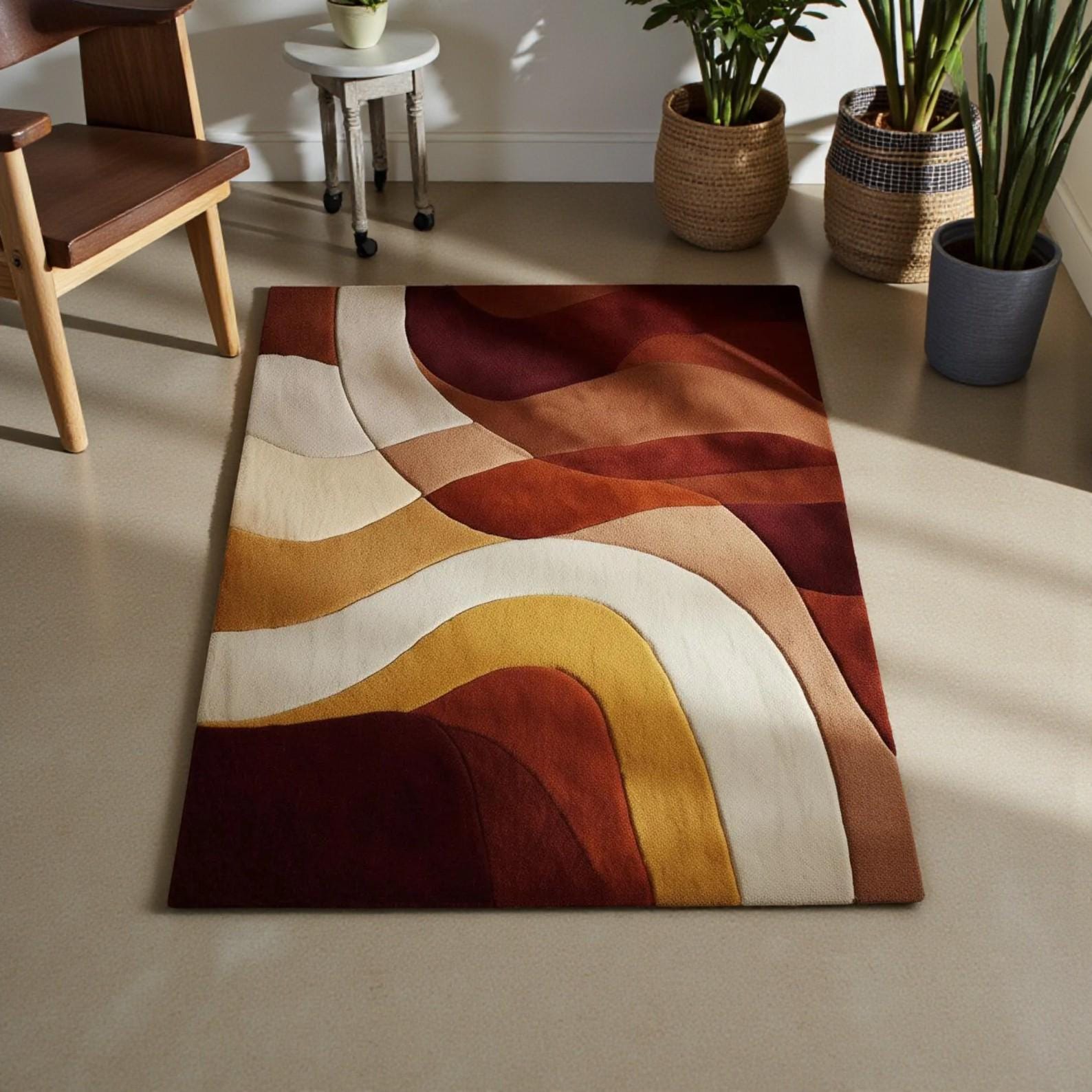 Modern Abstract Wave Area Rug – Retro Sunset Color Palette | Tufted Soft Carpet for Living Room & Bedroom | Mid-Century Modern Home Decor