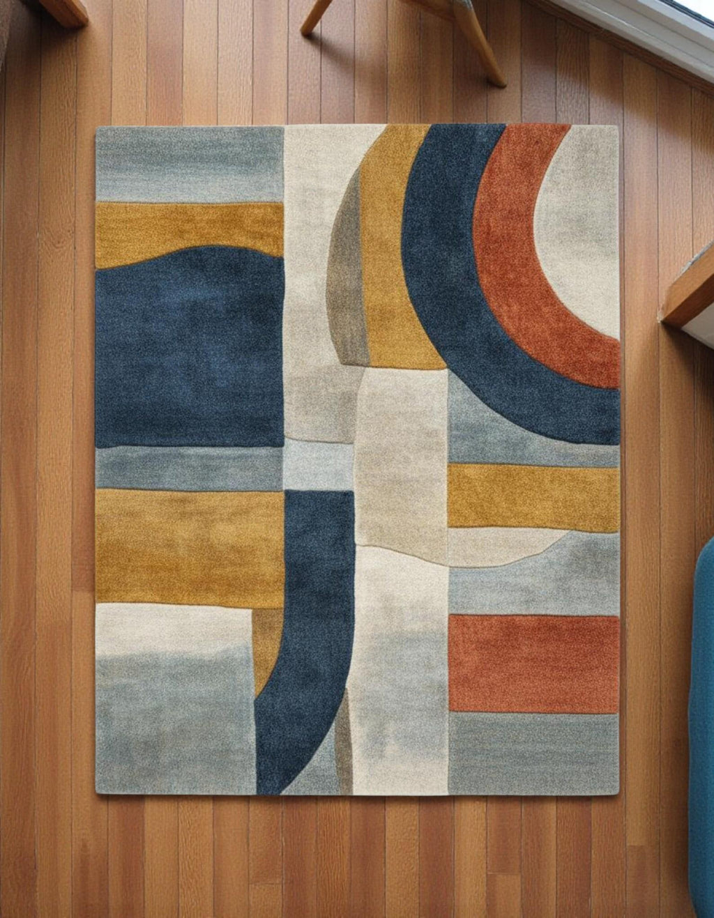 Modern Geometric Abstract Area Rug – Blue, Mustard & Rust Patchwork Tufted Carpet | Mid-Century Modern Living Room Bedroom Decor