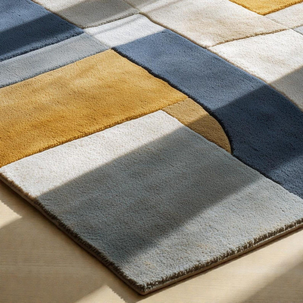 Modern Geometric Abstract Area Rug – Blue, Mustard & Rust Patchwork Tufted Carpet | Mid-Century Modern Living Room Bedroom Decor