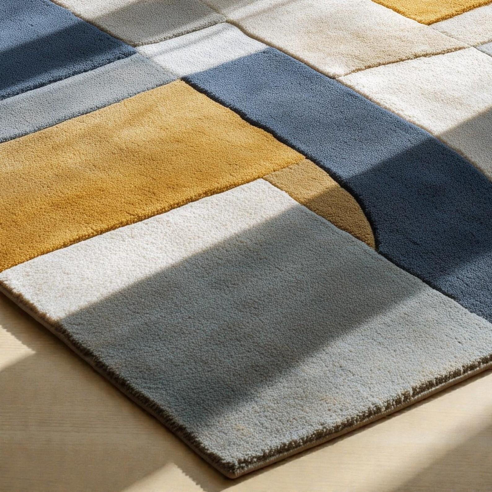 Modern Geometric Abstract Area Rug – Blue, Mustard & Rust Patchwork Tufted Carpet | Mid-Century Modern Living Room Bedroom Decor