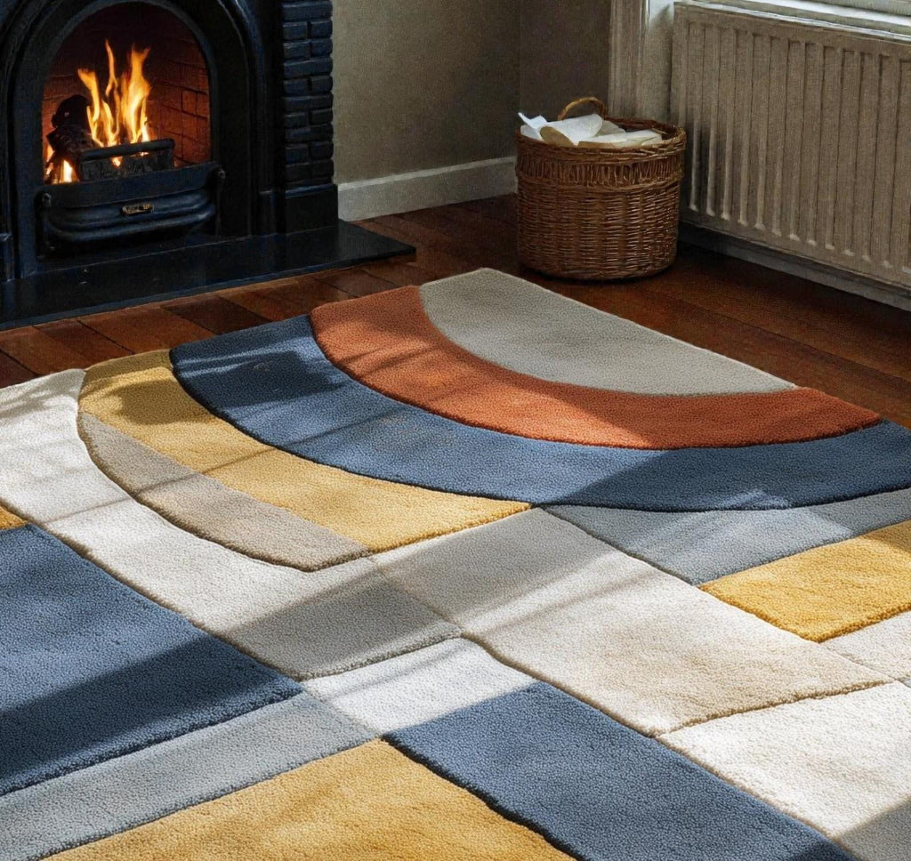 Modern Geometric Abstract Area Rug – Blue, Mustard & Rust Patchwork Tufted Carpet | Mid-Century Modern Living Room Bedroom Decor