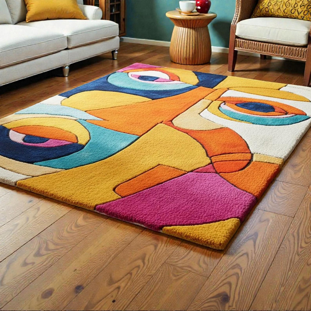 Abstract Modern Geometric Area Rug – Patchwork Tufted Carpet | Mid-Century Modern Living Room Bedroom Decor