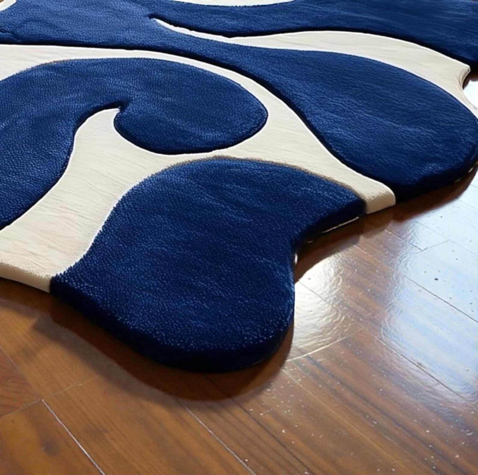 Hand-Tufted Abstract Wavy Rug – Blue & Cream Modern Art Carpet | Custom Wavy Rug – Handmade Blue Abstract Area Rug