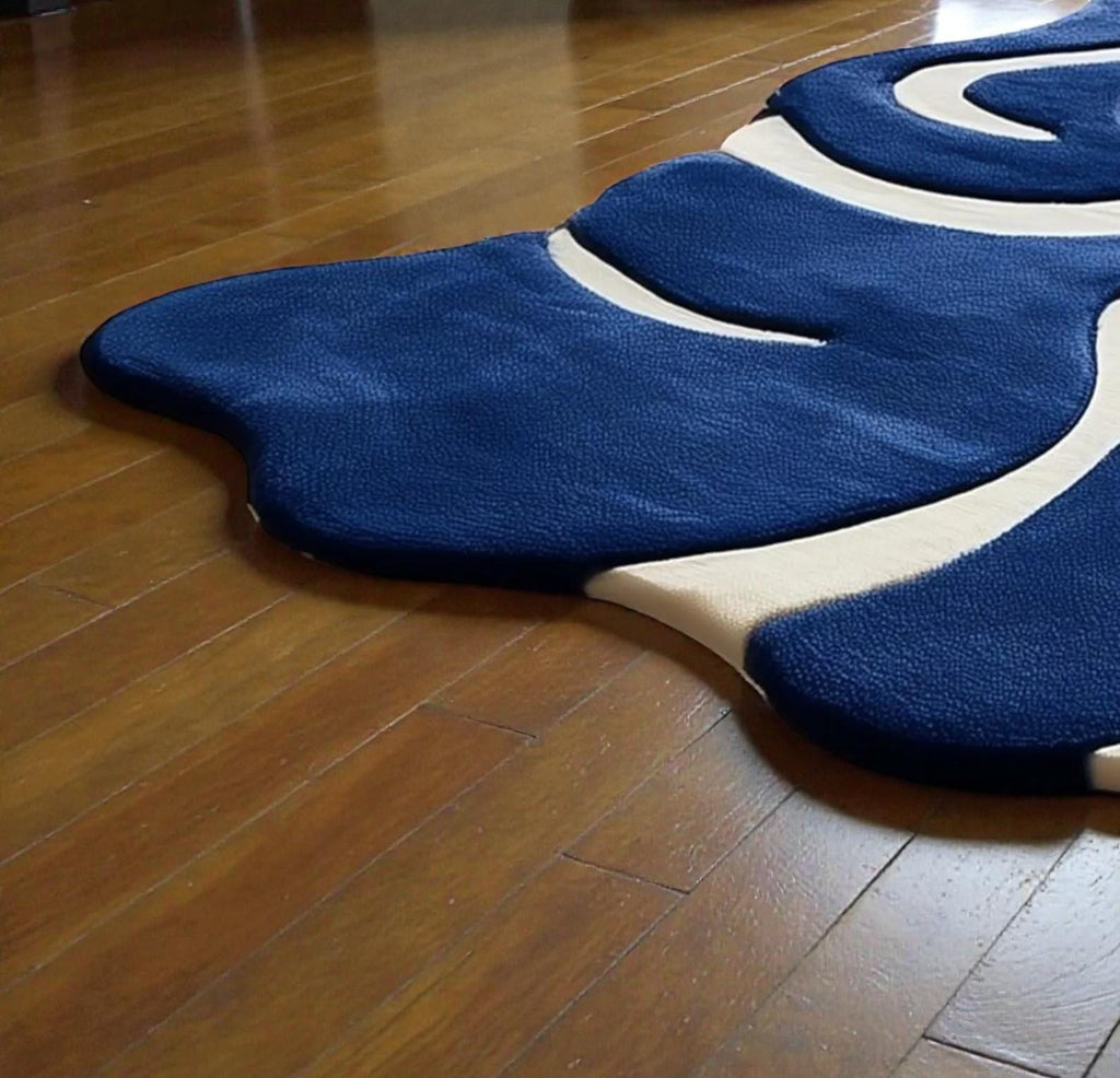Hand-Tufted Abstract Wavy Rug – Blue & Cream Modern Art Carpet | Custom Wavy Rug – Handmade Blue Abstract Area Rug