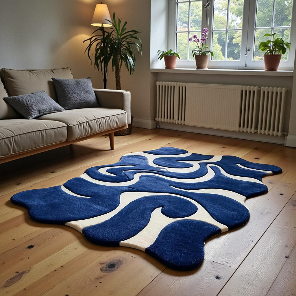 Hand-Tufted Abstract Wavy Rug – Blue & Cream Modern Art Carpet | Custom Wavy Rug – Handmade Blue Abstract Area Rug