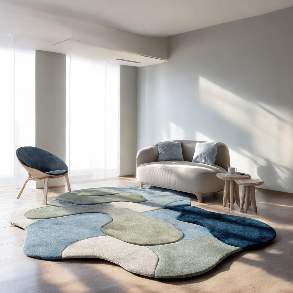 Hand Tufted Abstract Shape Rug | Organic Modern Area Rug | Blue Green Neutral Rug | Contemporary Handmade Home Decor