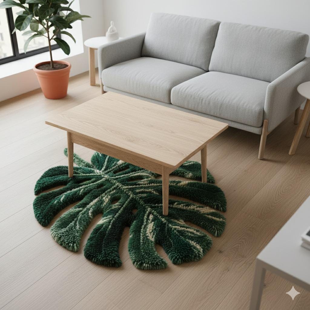 Monstera Leaf Tufted Rug | Handmade Botanical Rug | Green Leaf Area Rug | Tropical Home Decor | Nature Inspired Floor Mat
