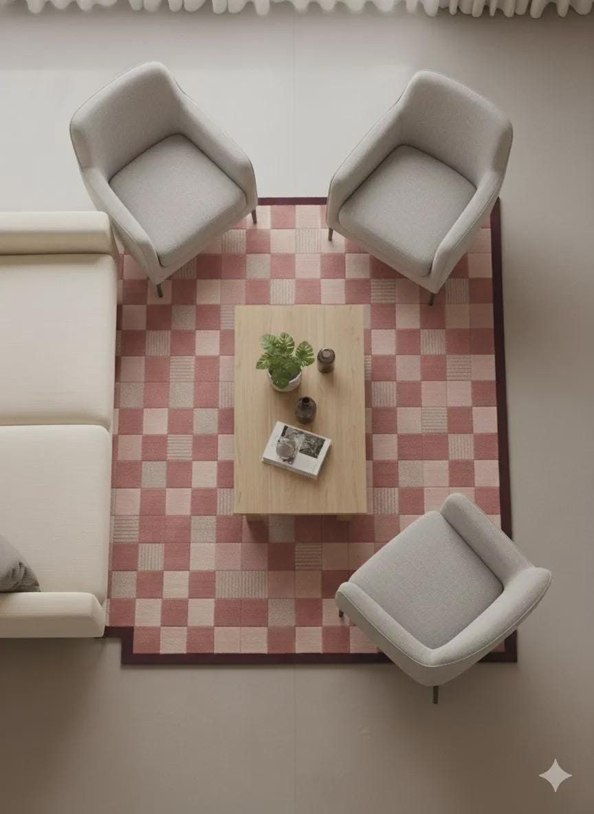 Hand Tufted Wool Rug | Pink Checkerboard Area Rug | Modern Geometric Rug with Stepped Border | Contemporary Home Decor